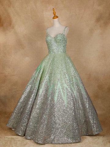 Pista Green Floral Sequin and Beaded Bridal Reception Net Ball Gown - Diadem