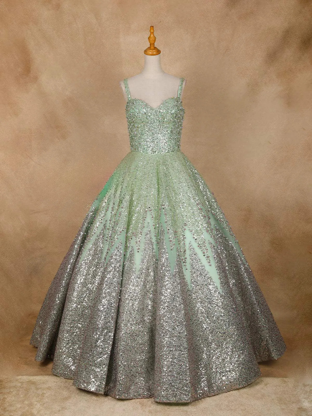 Pista Green Floral Sequin and Beaded Bridal Reception Net Ball Gown - Diadem