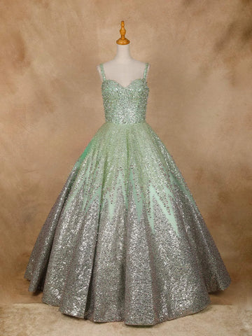 Pista Green Floral Sequin and Beaded Bridal Reception Net Ball Gown - Diadem