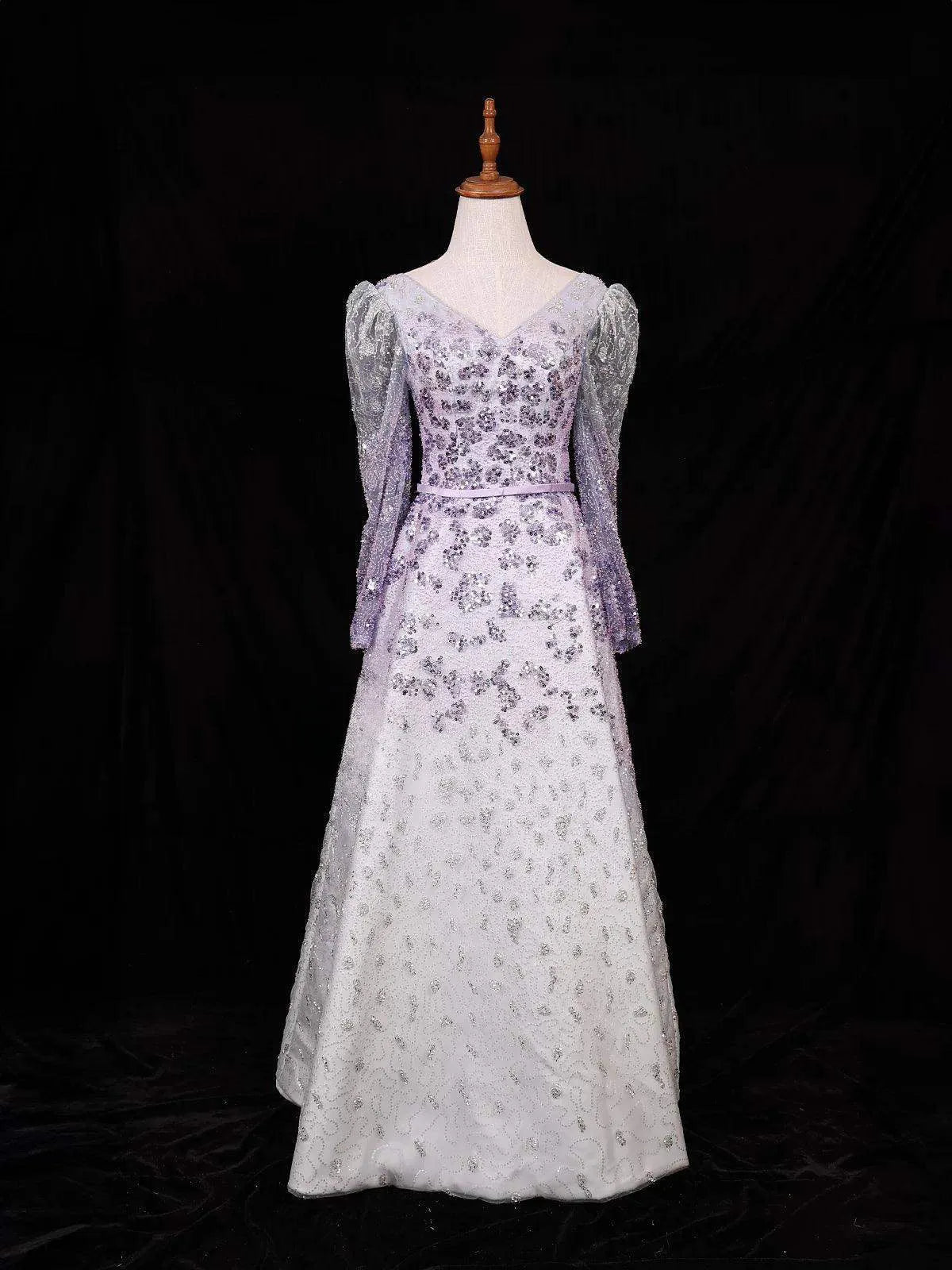 Lavender Net A-Line Gown with Floral Sequins and Beads - Diadem