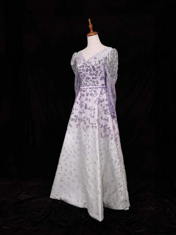 Lavender Net A-Line Gown with Floral Sequins and Beads - Diadem