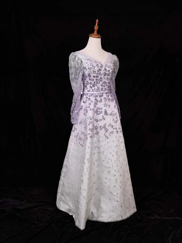 Lavender Net A-Line Gown with Floral Sequins and Beads - Diadem