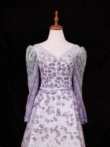 Lavender Net A-Line Gown with Floral Sequins and Beads - Diadem