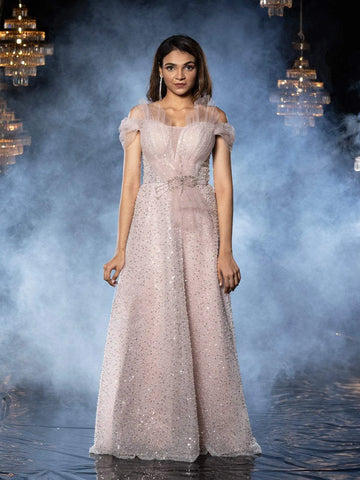 Light Pink Net Gown with Pearls & Sequins Floral Design - Diadem