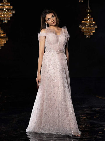Light Pink Net Gown with Pearls & Sequins Floral Design - Diadem