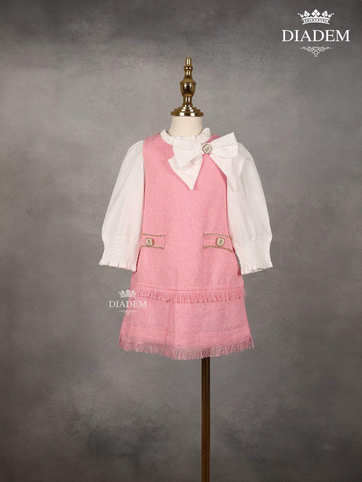 White with Pink Denim Cotton Frock with attached Bow - Diadem