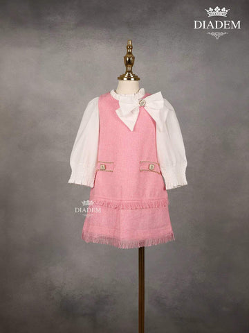 White with Pink Denim Cotton Frock with attached Bow - Diadem
