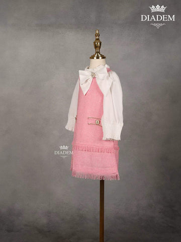 White with Pink Denim Cotton Frock with attached Bow - Diadem
