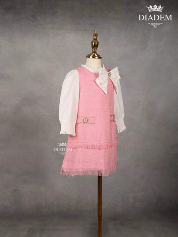 White with Pink Denim Cotton Frock with attached Bow - Diadem