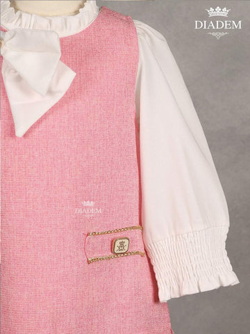 White with Pink Denim Cotton Frock with attached Bow - Diadem