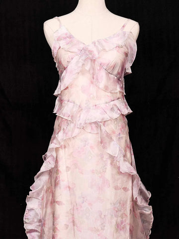 Pink Frock Adorned with Floral and Ruffled Design - Diadem