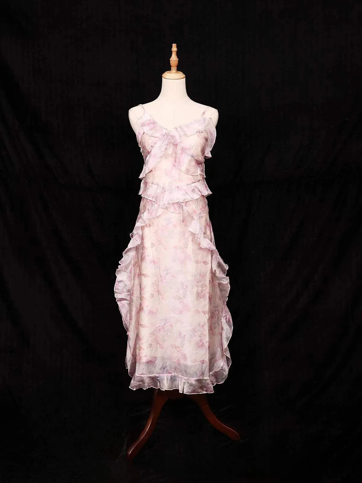 Pink Frock Adorned with Floral and Ruffled Design - Diadem