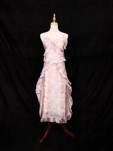 Pink Frock Adorned with Floral and Ruffled Design - Diadem