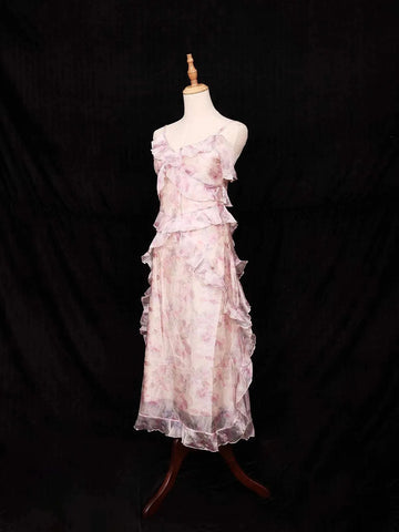 Pink Frock Adorned with Floral and Ruffled Design - Diadem