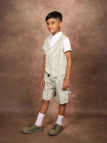 Pista Green Checked Cotton Blend Vest and Trousers - Diadem