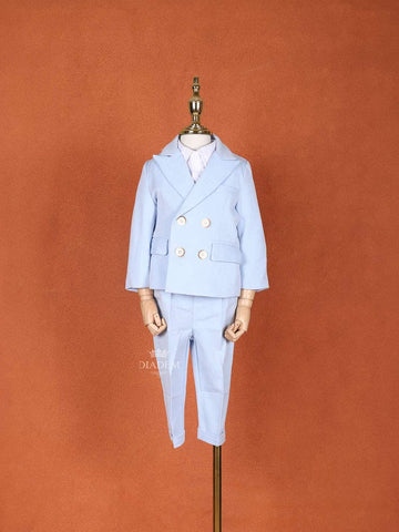 Light Blue Plain Cotton Blend Coat Suit - Diadem
