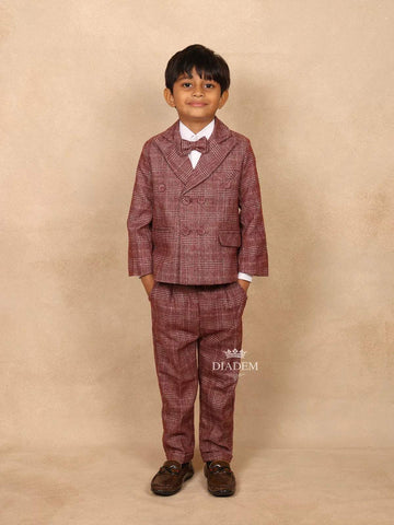 Maroon Cotton Boys Coat Suit Set with Stripes Design - Diadem