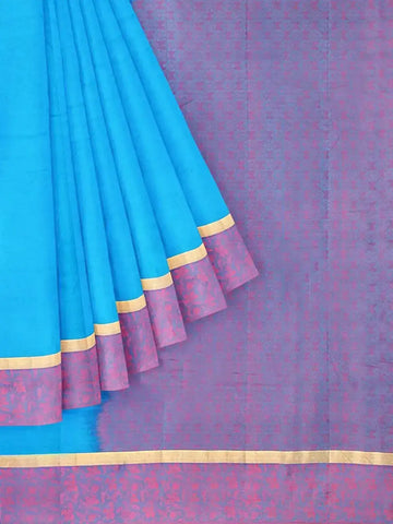 Blue Silk Saree with Plain body and Zari with Thread Border - Diadem
