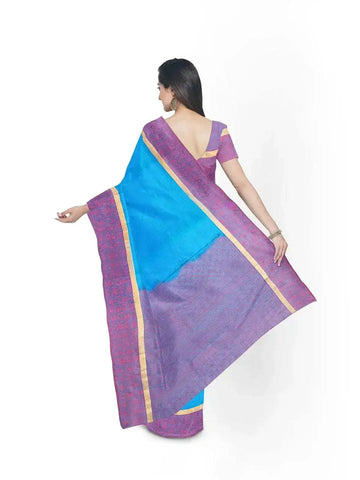 Blue Silk Saree with Plain body and Zari with Thread Border - Diadem