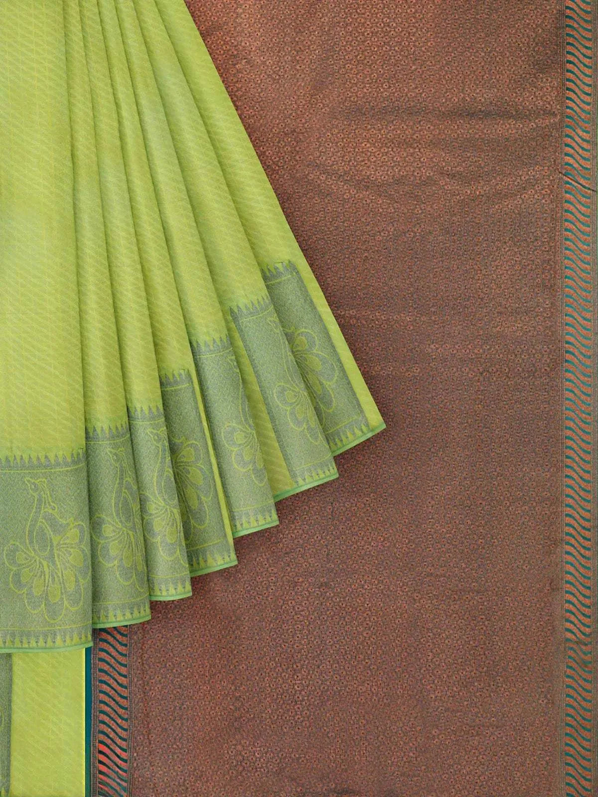 Green Silk Saree with Floral Design on the Body and without Border - Diadem