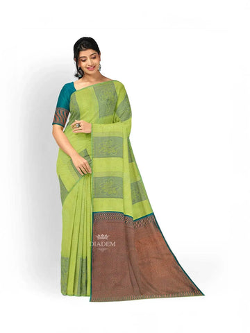 Green Silk Saree with Floral Design on the Body and without Border - Diadem