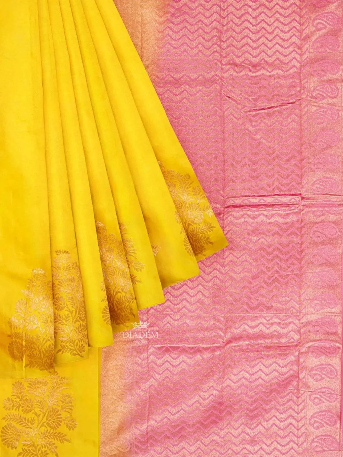 Yellow Pure Kanchi Pattu Saree with Tree Motif on the Body and without Border - Diadem