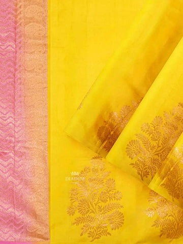 Yellow Pure Kanchi Pattu Saree with Tree Motif on the Body and without Border - Diadem