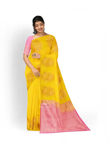 Yellow Pure Kanchi Pattu Saree with Tree Motif on the Body and without Border - Diadem