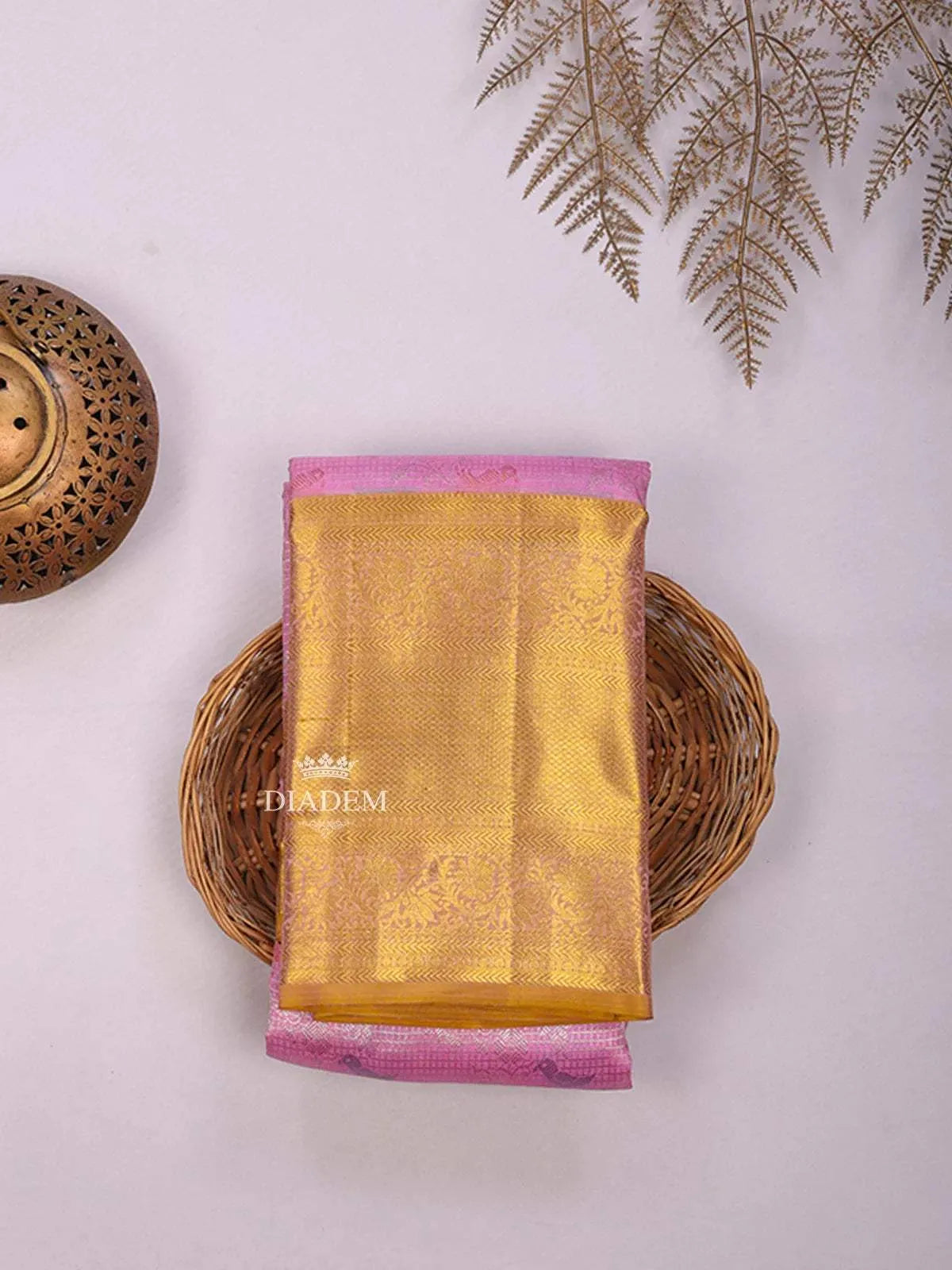 Pink Pure Kanchipuram Bridal Silk Saree with Checks on the body and Contrast Zari Border - Diadem