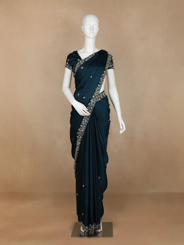 Dark Blue Floral Designed Satin Saree - Diadem