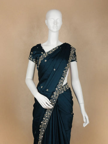 Dark Blue Floral Designed Satin Saree - Diadem