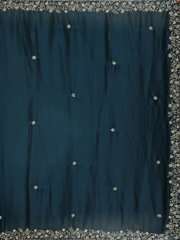 Dark Blue Floral Designed Satin Saree - Diadem