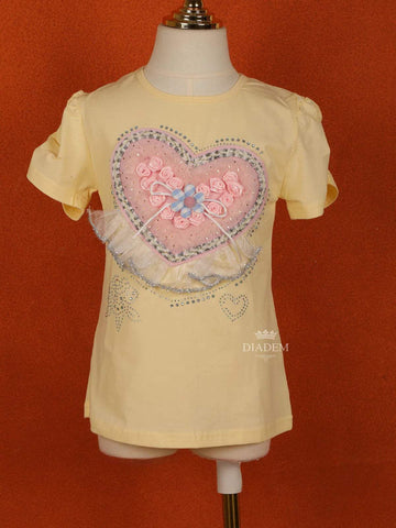 Light Yellow Cotton Half Sleeve Embroidery T-Shirt for Girls - Diadem