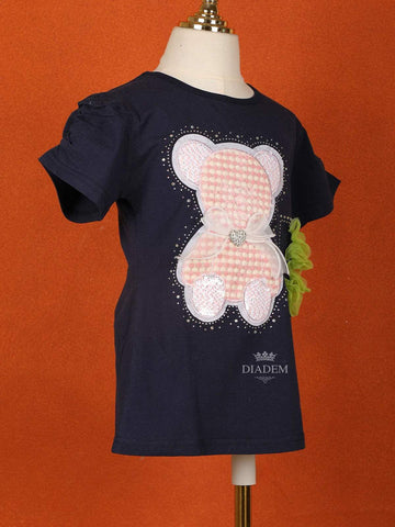 Navy Blue Cotton Half Sleeve Embroidery T-Shirt for Girls - Diadem