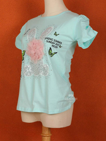 Light Blue Cotton Half Sleeve T-Shirt for Girls - Diadem