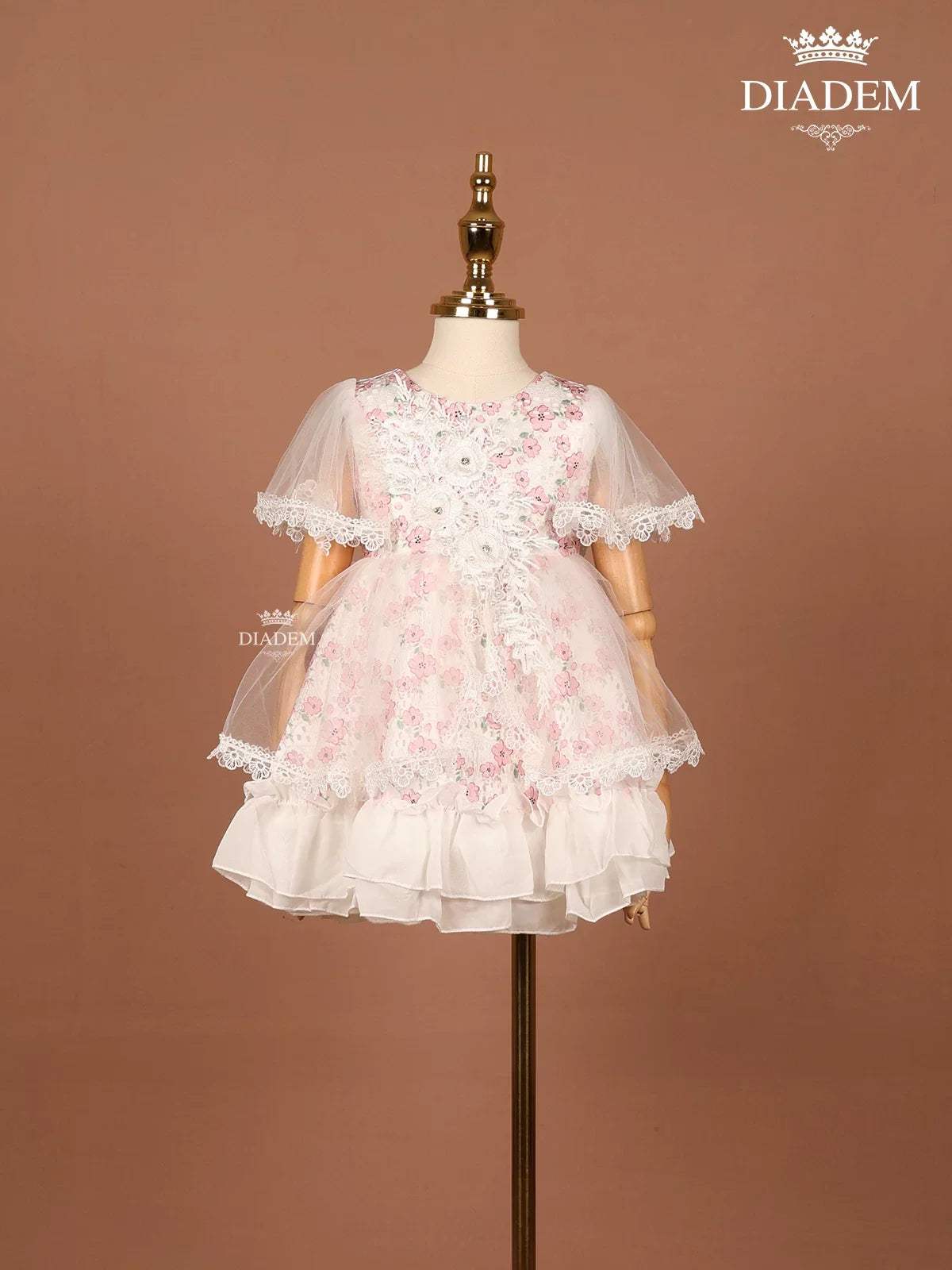 White and Pink Net Frock Adorned with Beads and Floral Laces - Diadem