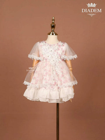 White and Pink Net Frock Adorned with Beads and Floral Laces - Diadem