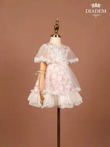 White and Pink Net Frock Adorned with Beads and Floral Laces - Diadem
