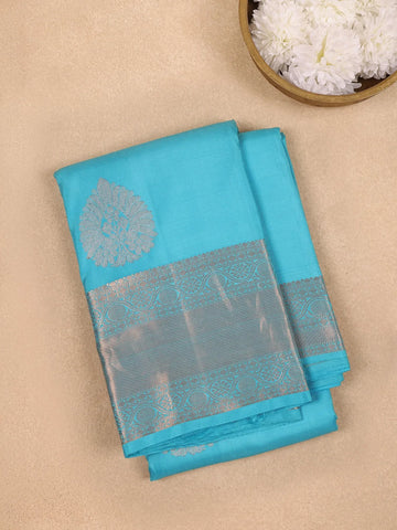 Sky Blue Leaf Motifs Pure Kanchipuram Silk Saree - Diadem