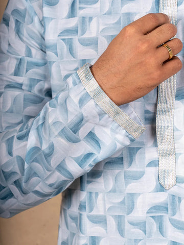 Blue Kurta Set With Abstract Patterns, With Pant - Diadem
