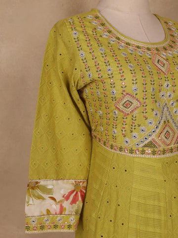 Green Floral Designed Cotton Salwar Suit - Diadem