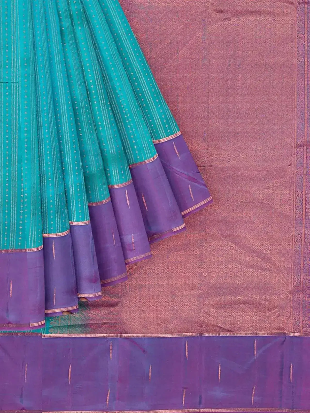 Blue Green Dual Tone Pure Kanchi Pattu Saree with Stripes on the body and Contrast Zari Border - Diadem