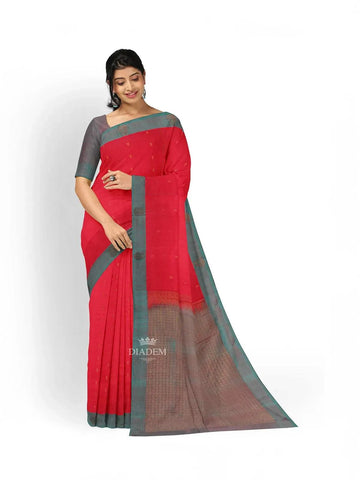 Dark Pink Pure Kanchipuram Silk Saree with Zari Butta on the Body and Contrast Border - Diadem