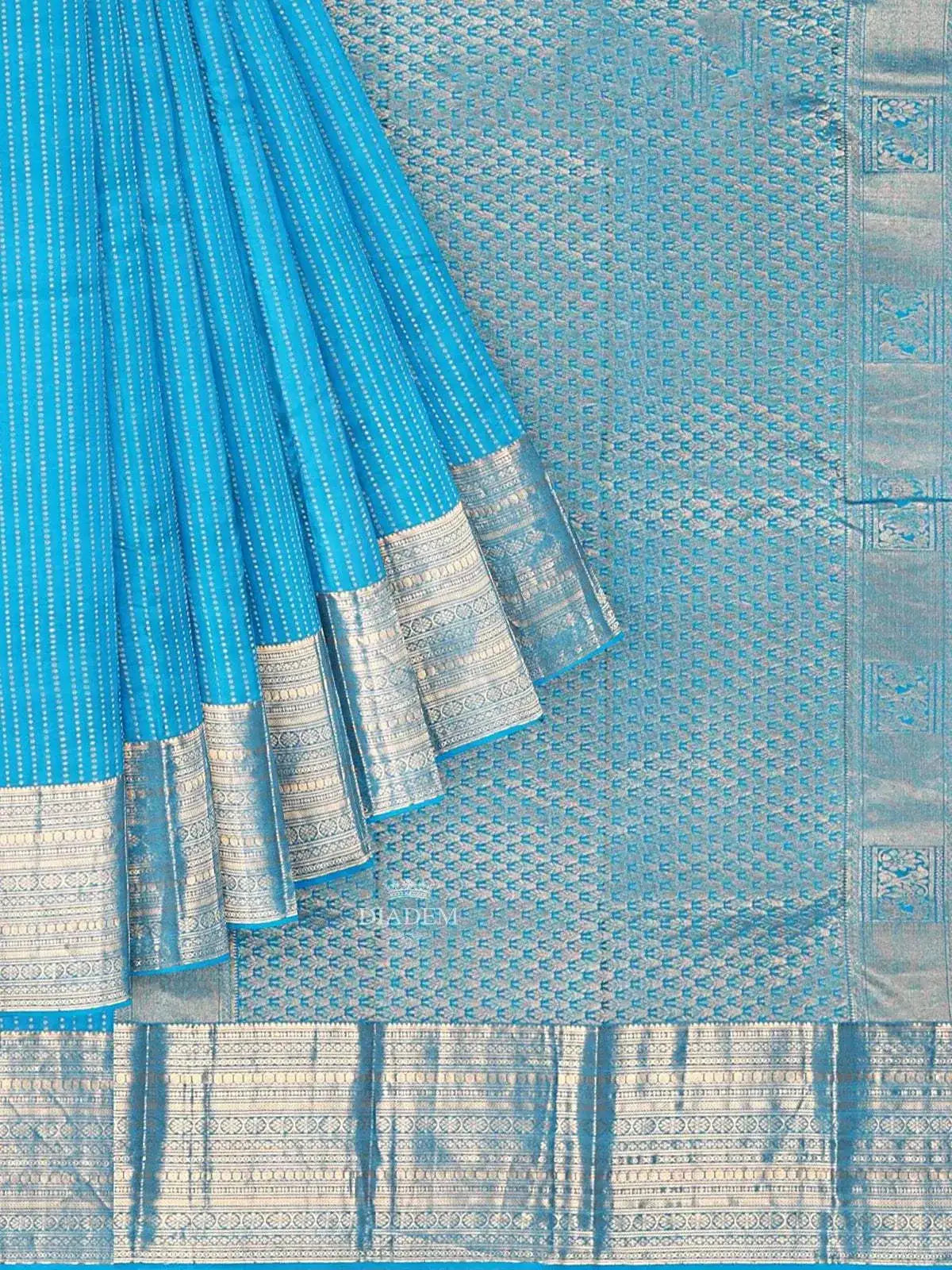 Blue Pure Kanchipuram Bridal Silk Saree with Dotted Stripes on the body and Zari Border - Diadem