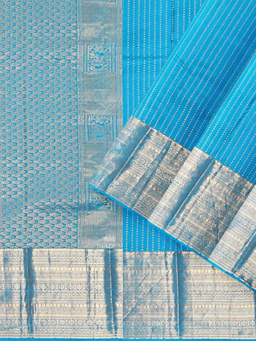 Blue Pure Kanchipuram Bridal Silk Saree with Dotted Stripes on the body and Zari Border - Diadem