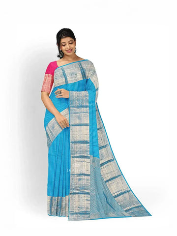 Blue Pure Kanchipuram Bridal Silk Saree with Dotted Stripes on the body and Zari Border - Diadem
