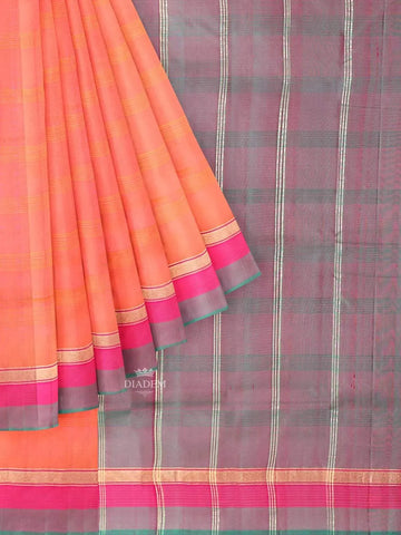 Orange and Pink Dual Tone Silk Saree with Stripes on the body and Contrast Zari Border - Diadem