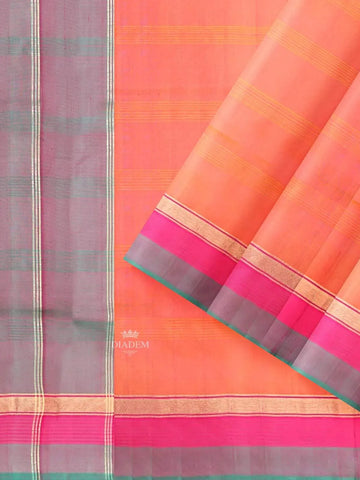 Orange and Pink Dual Tone Silk Saree with Stripes on the body and Contrast Zari Border - Diadem