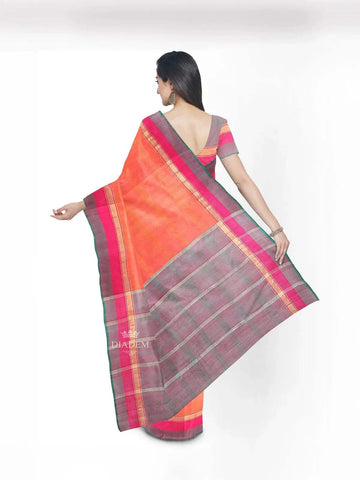 Orange and Pink Dual Tone Silk Saree with Stripes on the body and Contrast Zari Border - Diadem