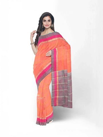 Orange and Pink Dual Tone Silk Saree with Stripes on the body and Contrast Zari Border - Diadem